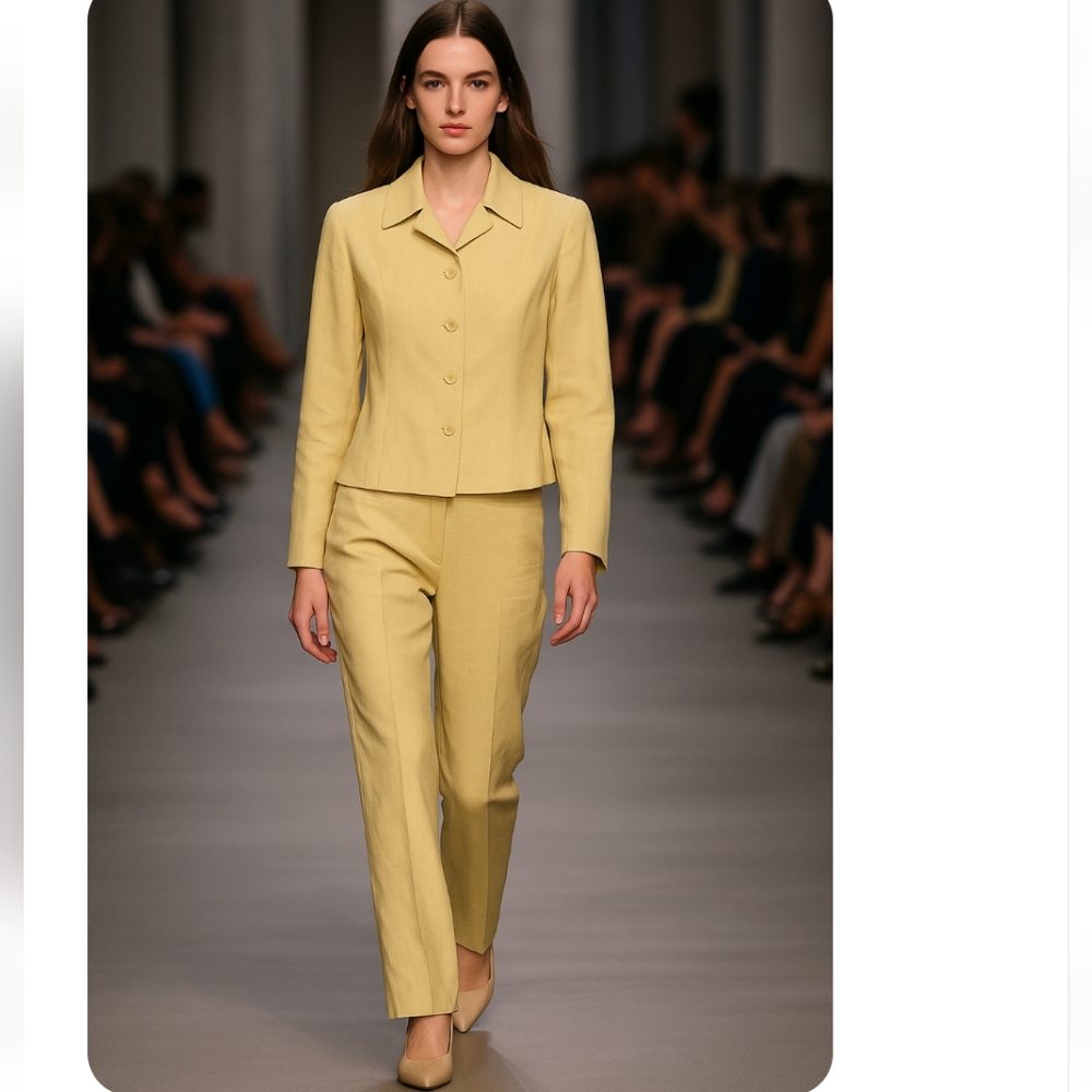 Ann Taylor Linen Blend Pale Mustard Yellow Blazer and Pant Suit Set